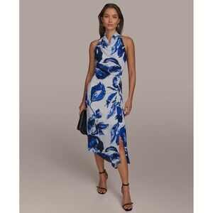 Donna Karan New York A-Line Dress Cream Electric Blue Multi, Size 16